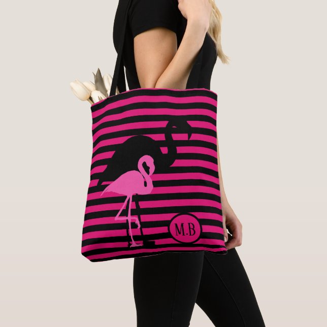 Cool Flamingo Black and Pink Stripes Monogram Tote Bag (Close Up)