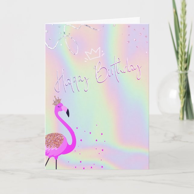 Cool Flamingos Hearts Holographic Birthday  Card (Front)
