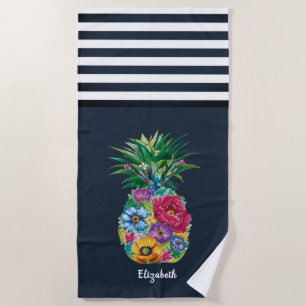 Cool Floral Pineapple Nautical Navy Blue Striped Beach Towel