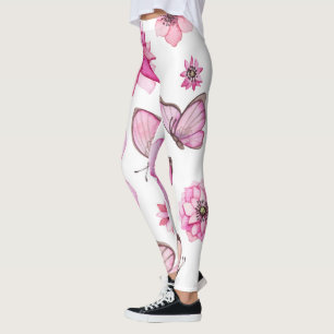 Cool Floral Pink butterfly Print White Leggings