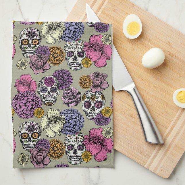 Cool Floral Sugar Skulls Dia de los Muertos Tea Towel (Quarter Fold)