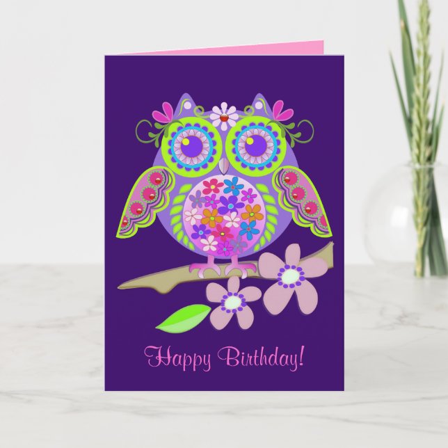 Cool Flower Power Owl Birthday card (Front)