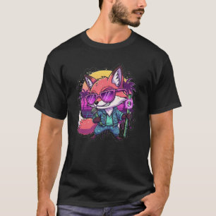 Cool Fox DJ Rapping with Neon Bamboo Mic - Retro V T-Shirt