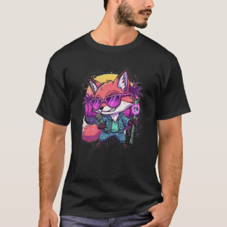 Cool Fox DJ Rapping with Neon Bamboo Mic - Retro V T-Shirt