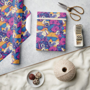 Cool Foxes with Sunglasses, Cameras, and Flowers Wrapping Paper