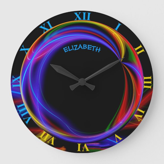 Cool Fractal Psychedelic Neon Glow Abstract Ball Large Clock (Front)