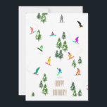Cool Freeride Snowboarders Happy Birthday<br><div class="desc">Cool whimsical illustration art of colourful snowboarders,  snowboarding downhill in mountains among pine,  spruce,  fir trees on fresh snow powder. Snowboard and xmas outdoor sport in a winter forest. Snowboarder gifts. Snowboarding Christmas decor.</div>