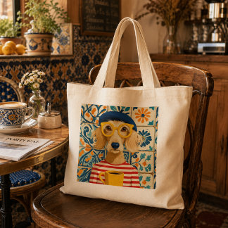 Cool French Dog Drinking Coffee Wearing Beret Hat Large Tote Bag