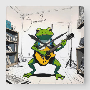 Cool Frog Playing Guitar in Bedroom Studio Square Wall Clock