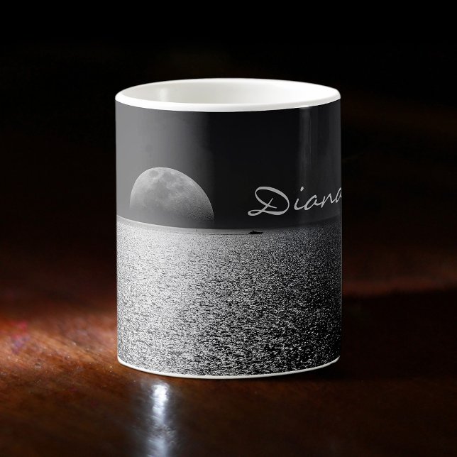 Cool Full Moon Rise Over Ocean Water Black & White Coffee Mug (Creator Uploaded)