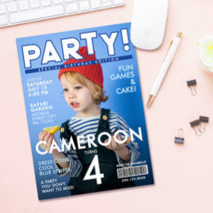 Cool Fun Blue Special Magazine Cover Kids Birthday Invitation