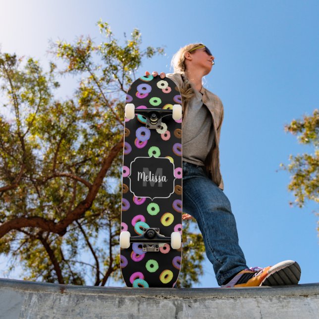 Cool fun colorful donuts pattern black Monogram Skateboard (Outdoor 1)