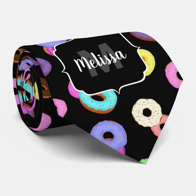 Cool fun colorful donuts pattern black Monogram Tie (Rolled)