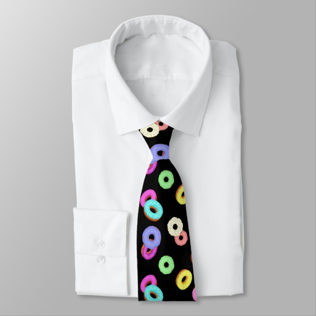 Cool fun colorful donuts pattern black tie (Tied)
