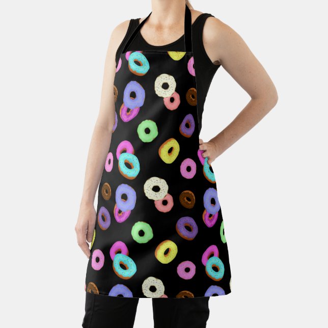 Cool fun colourful doughnuts pattern black apron (Insitu)