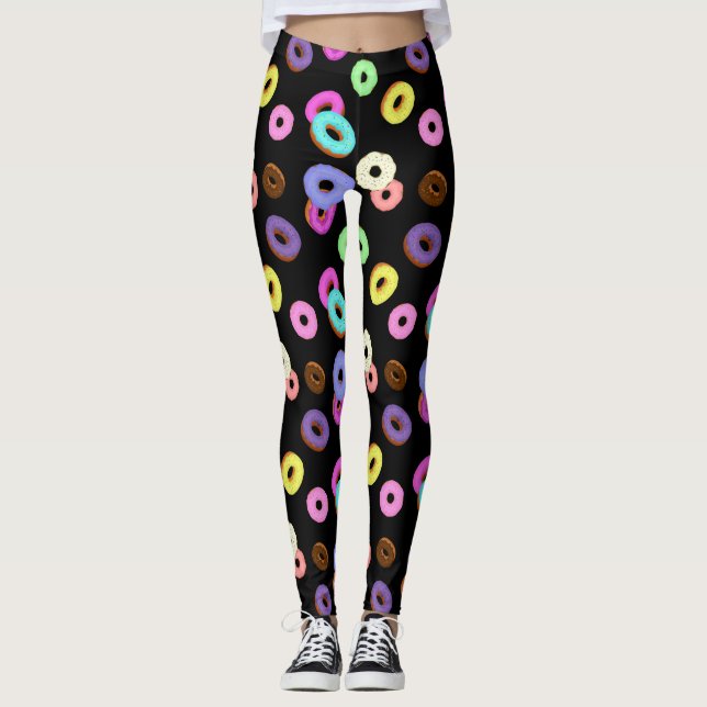 Cool fun colourful doughnuts pattern black leggings (Front)