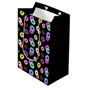 Cool fun colourful doughnuts pattern black medium gift bag