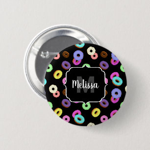 Cool fun colourful doughnuts pattern black Monogra 6 Cm Round Badge