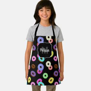 Cool fun colourful doughnuts pattern black Monogra Apron