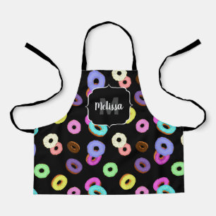 Cool fun colourful doughnuts pattern black Monogra Apron