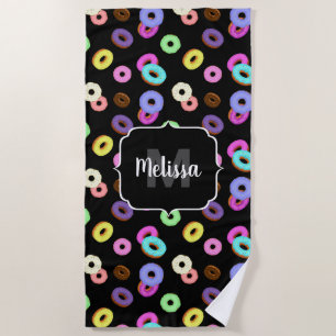 Cool fun colourful doughnuts pattern black Monogra Beach Towel