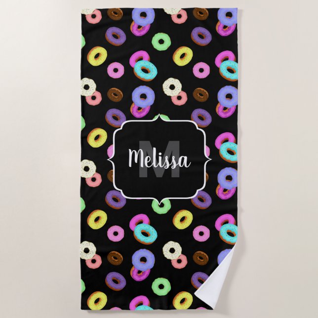 Cool fun colourful doughnuts pattern black Monogra Beach Towel (Front)