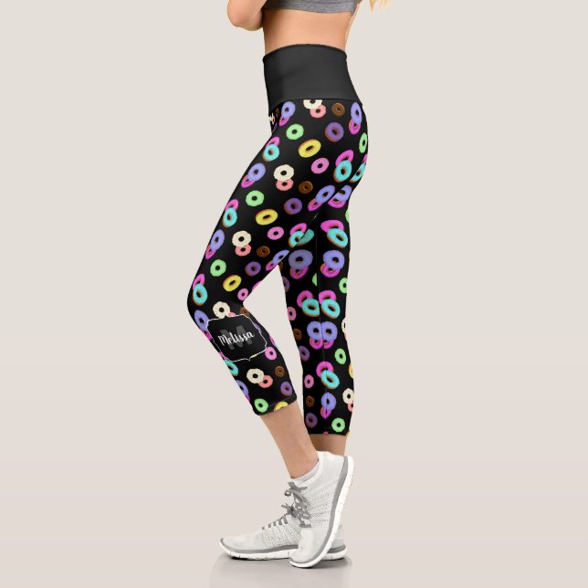 Cool fun colourful doughnuts pattern black Monogra Capri Leggings (Left)