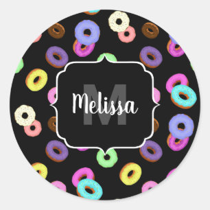 Cool fun colourful doughnuts pattern black Monogra Classic Round Sticker