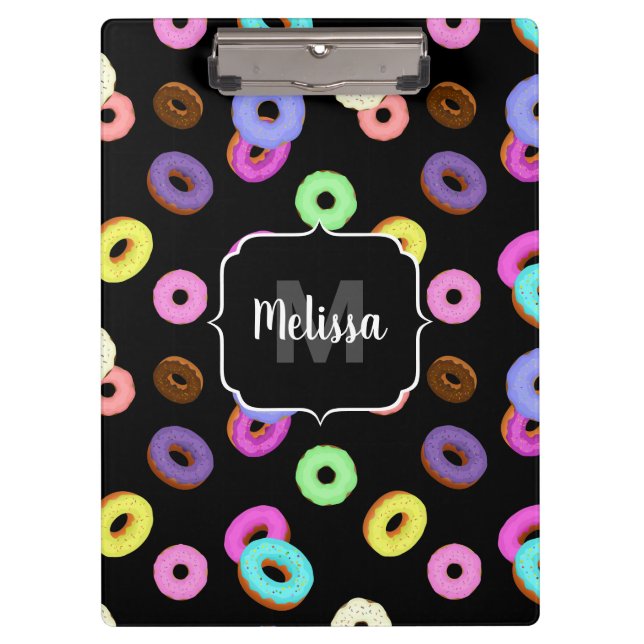 Cool fun colourful doughnuts pattern black Monogra Clipboard (Front)