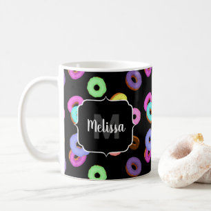 Cool fun colourful doughnuts pattern black Monogra Coffee Mug
