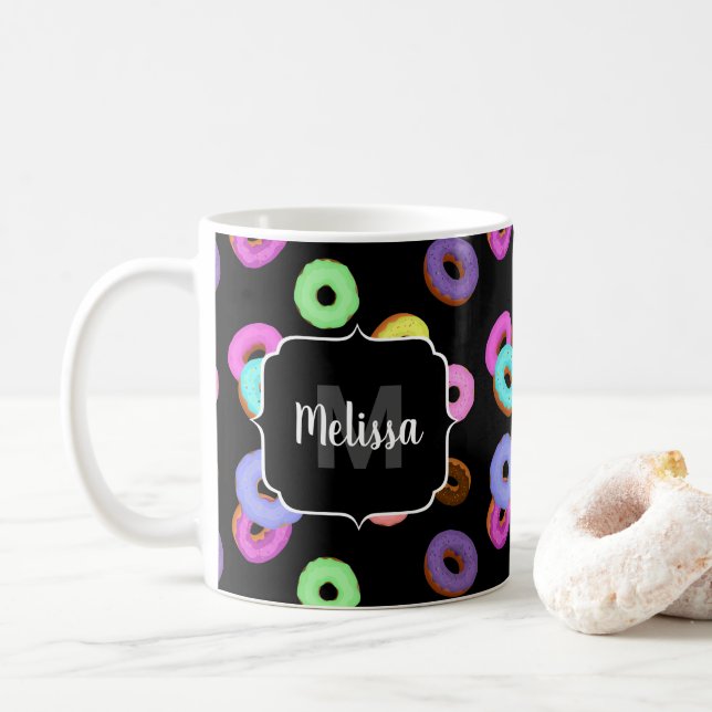 Cool fun colourful doughnuts pattern black Monogra Coffee Mug (With Donut)