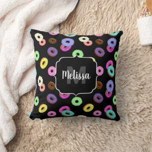 Cool fun colourful doughnuts pattern black Monogra Cushion