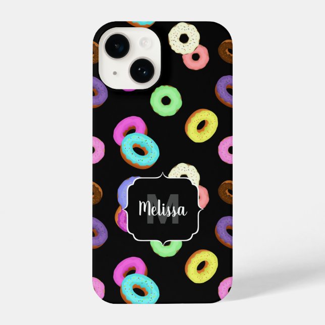 Cool fun colourful doughnuts pattern black Monogra iPhone Case (Back)