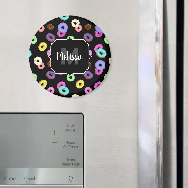 Cool fun colourful doughnuts pattern black Monogra Magnet (In Situ (Fridge))