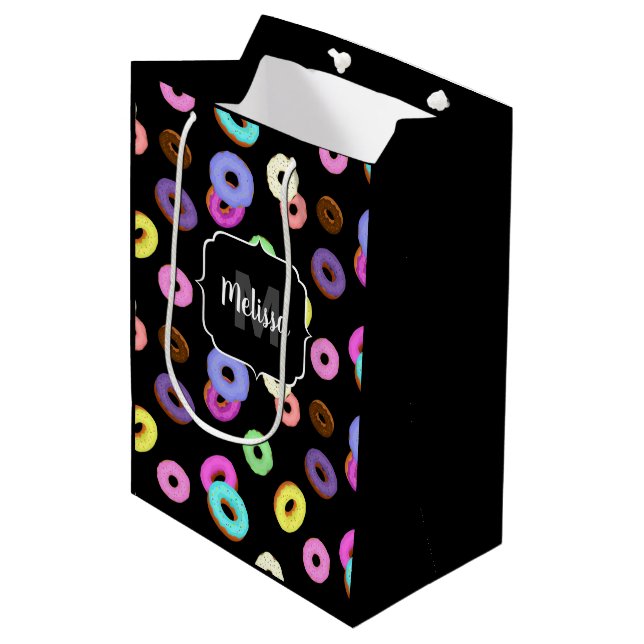 Cool fun colourful doughnuts pattern black Monogra Medium Gift Bag (Front Angled)