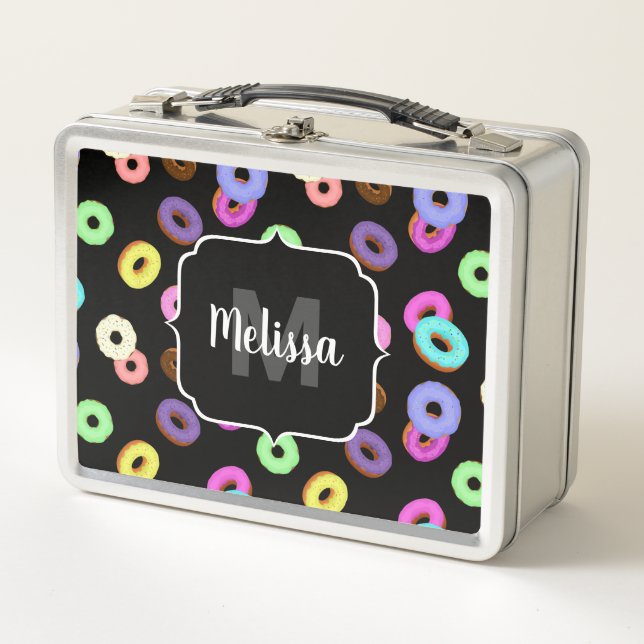 Cool fun colourful doughnuts pattern black Monogra Metal Lunch Box (Front)