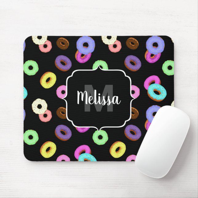 Cool fun colourful doughnuts pattern black Monogra Mouse Mat (With Mouse)