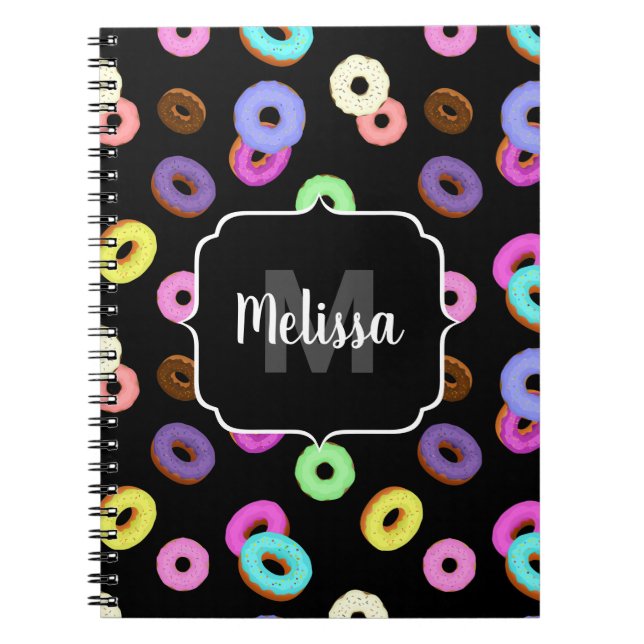 Cool fun colourful doughnuts pattern black Monogra Notebook (Front)