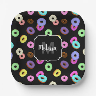 Cool fun colourful doughnuts pattern black Monogra Paper Plate