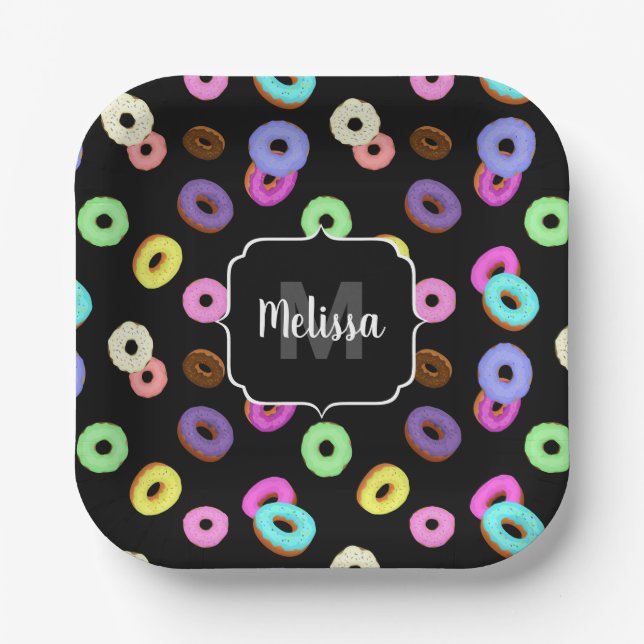 Cool fun colourful doughnuts pattern black Monogra Paper Plate (Front)