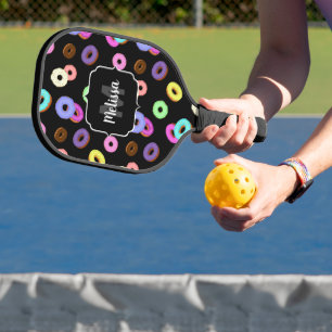 Cool fun colourful doughnuts pattern black Monogra Pickleball Paddle