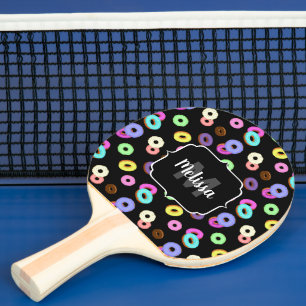 Cool fun colourful doughnuts pattern black Monogra Ping Pong Paddle