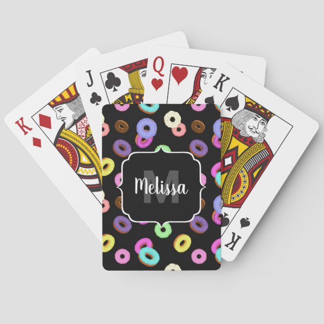 Cool fun colourful doughnuts pattern black Monogra Playing Cards (Back)