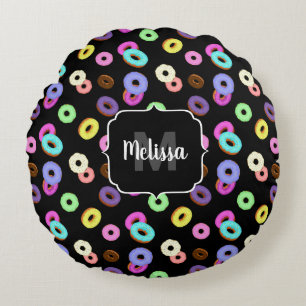 Cool fun colourful doughnuts pattern black Monogra Round Cushion