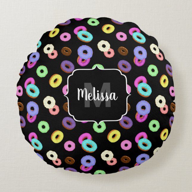 Cool fun colourful doughnuts pattern black Monogra Round Cushion (Front)