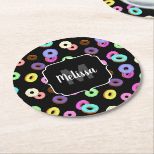 Cool fun colourful doughnuts pattern black Monogra Round Paper Coaster