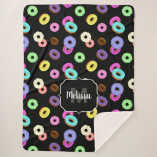 Cool fun colourful doughnuts pattern black Monogra Sherpa Blanket