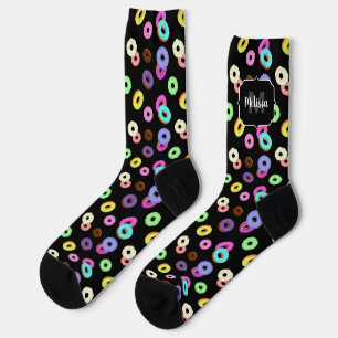Cool fun colourful doughnuts pattern black Monogra Socks