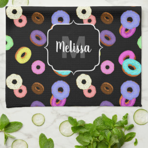 Cool fun colourful doughnuts pattern black Monogra Tea Towel