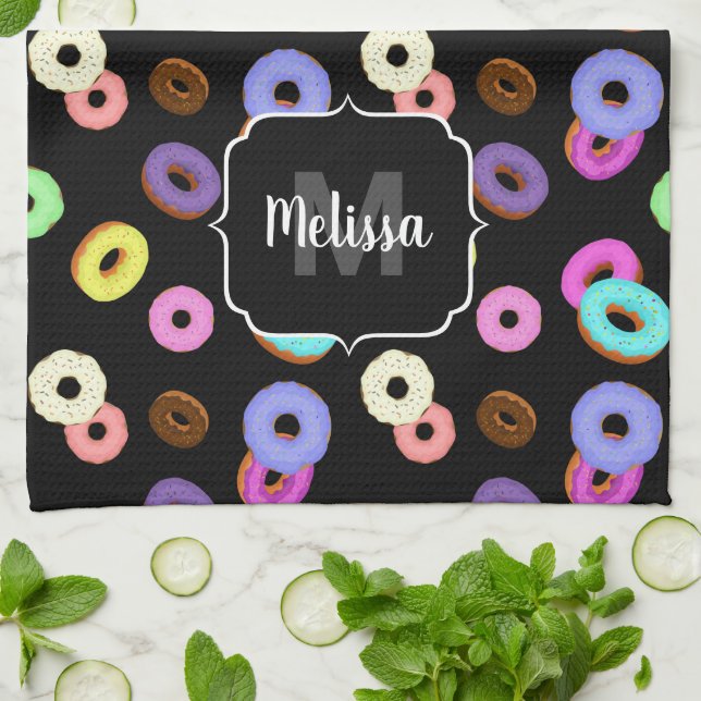 Cool fun colourful doughnuts pattern black Monogra Tea Towel (Folded)